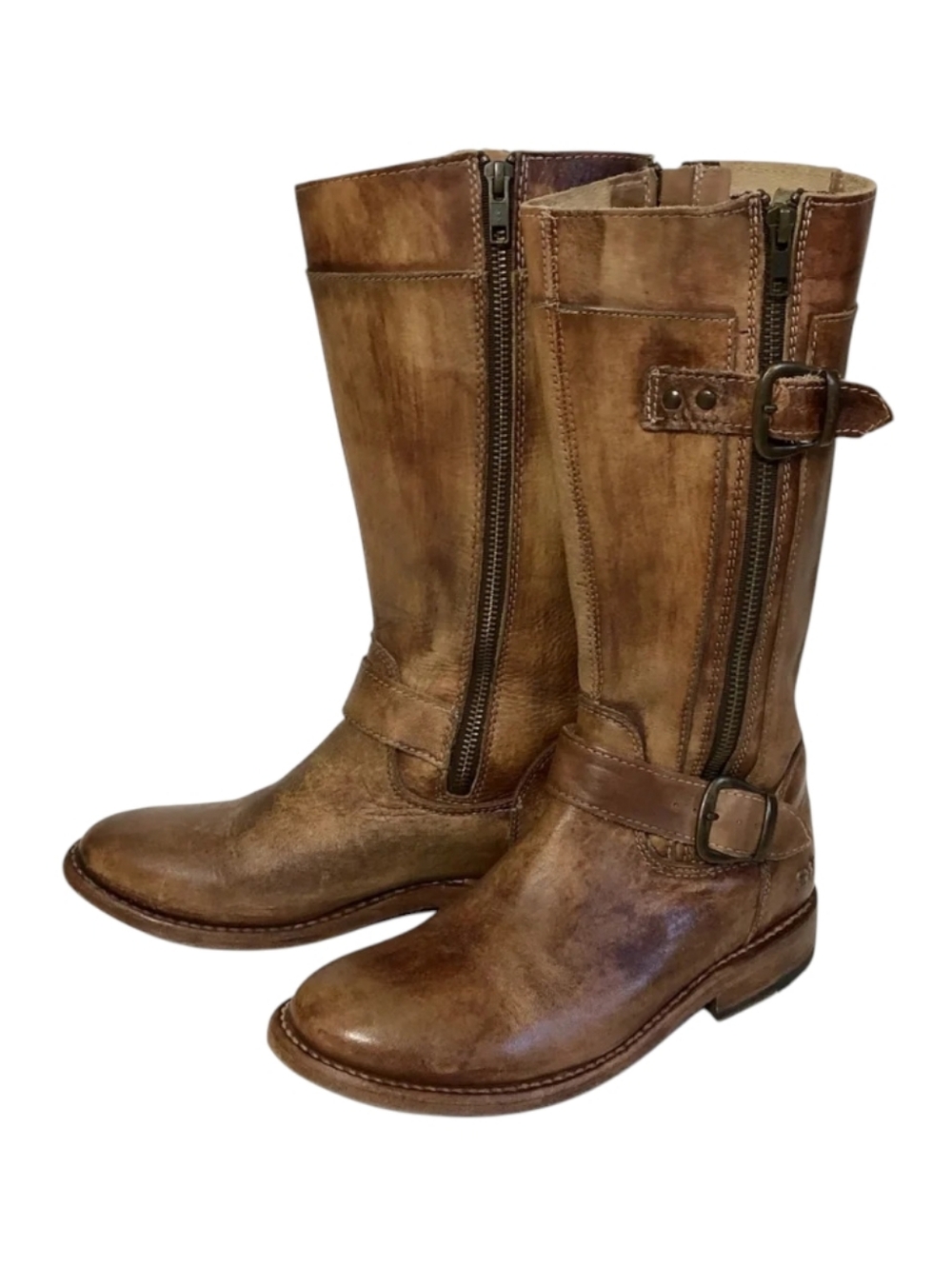 Bed Stu Gogo Lug boot women 6.5 engineer leather moto buckle dual zippers brown